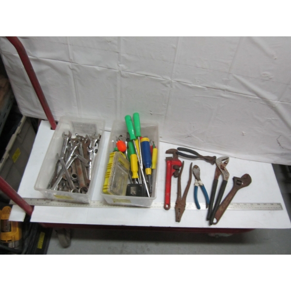 2 CONTAINERS OF ASST. WRENCHES, PLIERS, ETC.