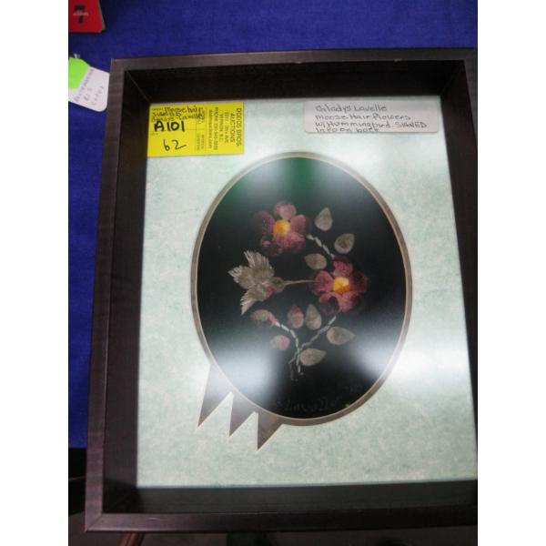 GLADYS LAVELLE MOOSEHAIR FLOWERS W/HUMMINGBIRD, SIGNED