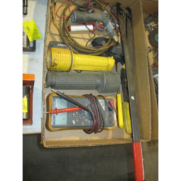 BOX OF MISC. - MULTIMETER, FLASHLIGHTS, SPECIALITY WRENCH, ETC.