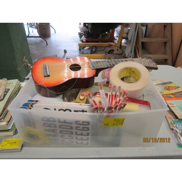 PLASTIC BIN OF MISC. VINYL NUMBERS/LETTERS, PENCILS, UKELELE, ETC.