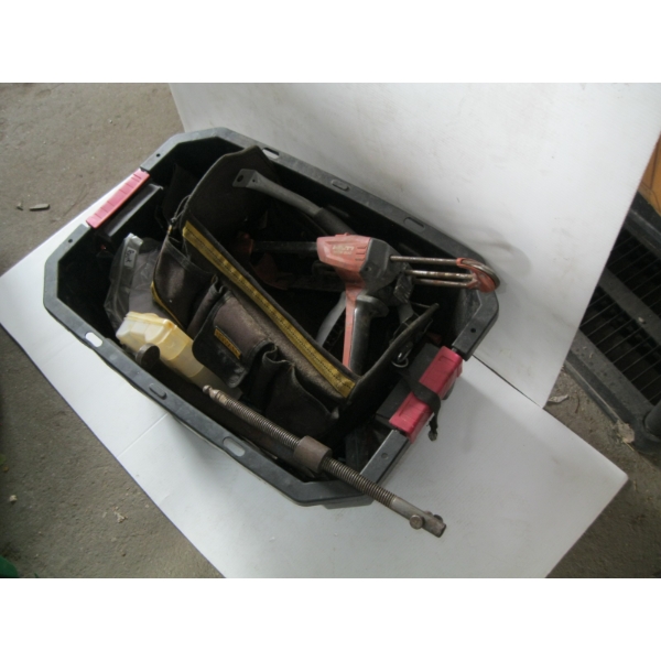 BIN OF MISC. HILTI CAULKING GUN, LG. C CLAMP, SMALL WOOD PLANE, MULTI METERS, TOOLS, ETC.