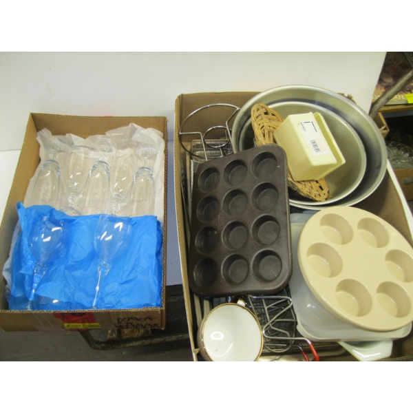 2 BOXES OF MISC. MICROWAVE PANS, MIXING BOWLS, WINEGLASSES, ETC.