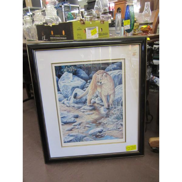 NUMBERED FRAMED PAINTING OF COUGAR, SIGNED, 147/200