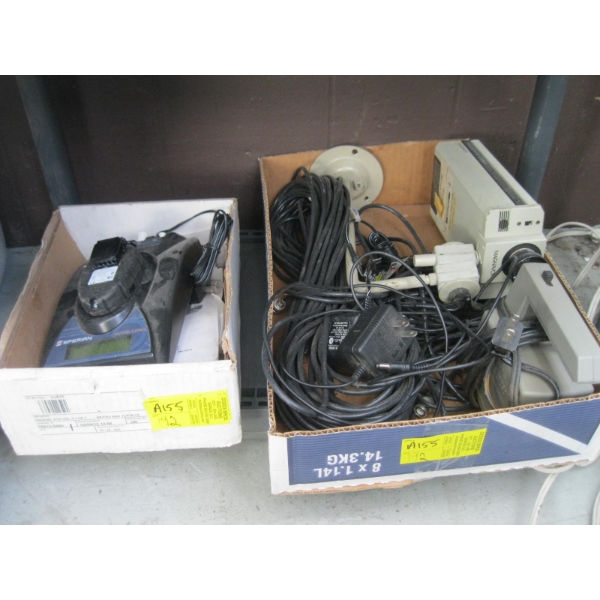 2 BOXES OF MISC. ELECTRONICS, CAMERA, TAPE ERASURE, BIOSYSTEMS UNIT, ETC.