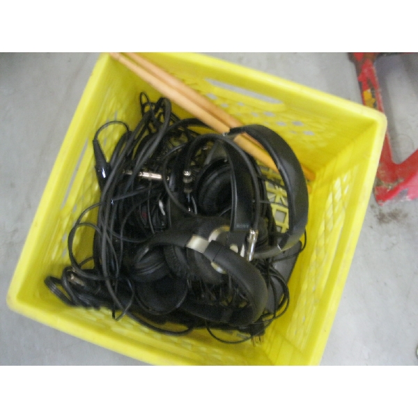 CONTAINER OF ASST. HEADPHONES, DRUMSTICKS, POWER BAR, ETC.