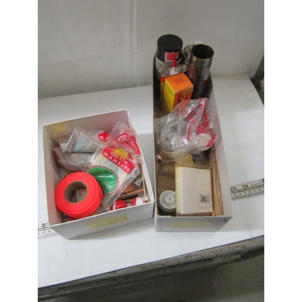2 BOXES W/MISC. ITEMS - MANTLES, FISHING ITEMS, GUN CLEANING ITEMS, ETC.