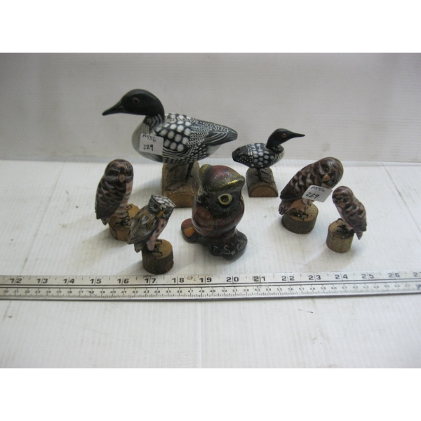 5 OWL FIGURINES & 2 LOON FIGURINES