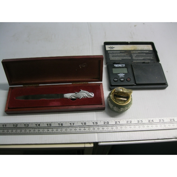 LETTER OPENER, ELECTRONIC SCALE & WEDGEWOOD LIGHTER