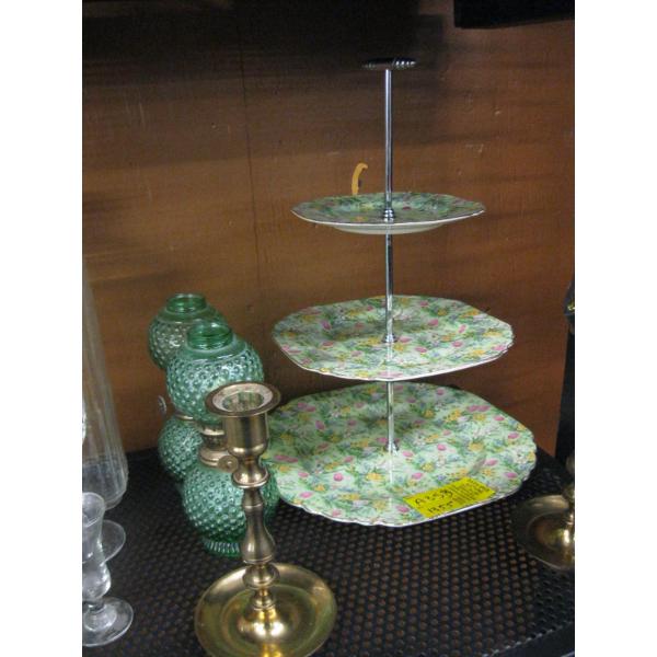 MISC. GLASS BOWLS, CAKE TRAY, SM. OIL LANTERNS, ETC.