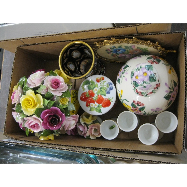 BOX OF ASST. COLLECTABLES, CHINA FLORAL (DAMAGED), GLASS VASE, EGG CUPS, ETC.