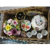 Image 1 : BOX OF ASST. COLLECTABLES, CHINA FLORAL (DAMAGED), GLASS VASE, EGG CUPS, ETC.