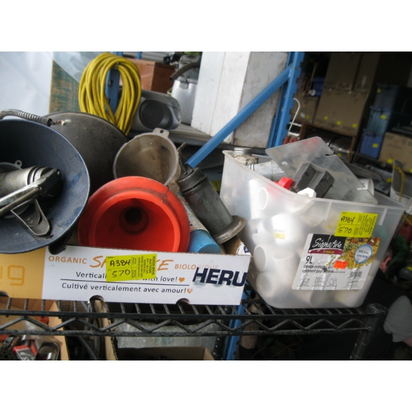 BIN & BOX OF MISC. OILERS, FUNNELS, PIPE PIECES, ETC.