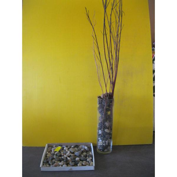 LG. GLASS VASE W/DÉCOR & FLAT OF POLISHED ROCKS