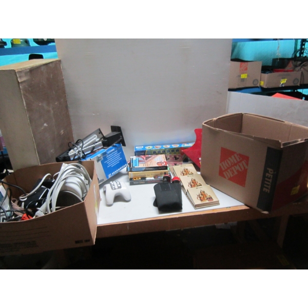 2 BOXES OF MISC. SWING OUT RULER, FAN, WIRELESS SPEAKERS, ETC.