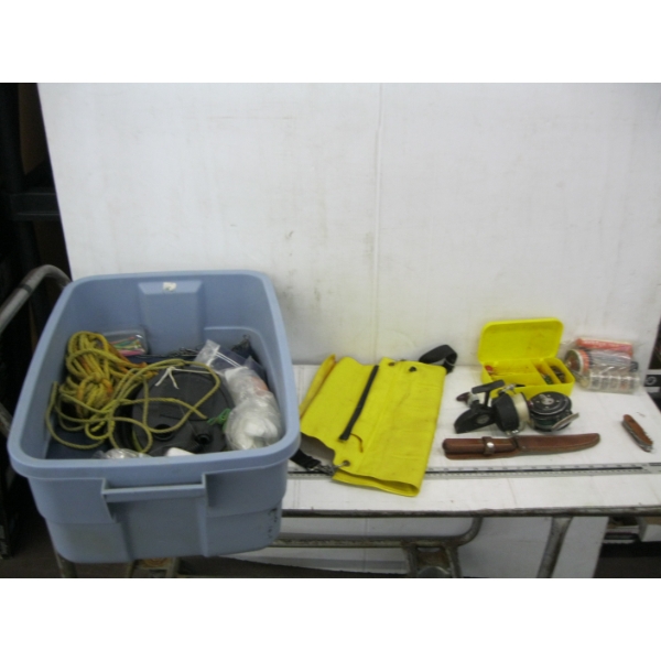 BIN W/MISC. CAMPING GEAR, FISHING GEAR, MISC.