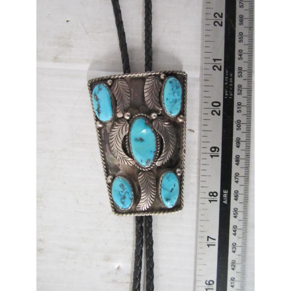 SILVER W/5 TURQUOISE STONES NAVAJO BOLO TIE