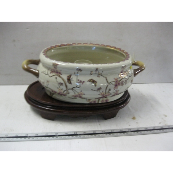 SOUP TUREEN ON WOOD STAND W/CANDLE