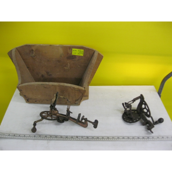 2 VINTAGE APPLE PEELER/CORERS & A WOODEN BO