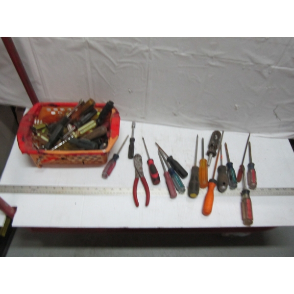 BIN OF ASST. SCREWDRIVERS, ETC.