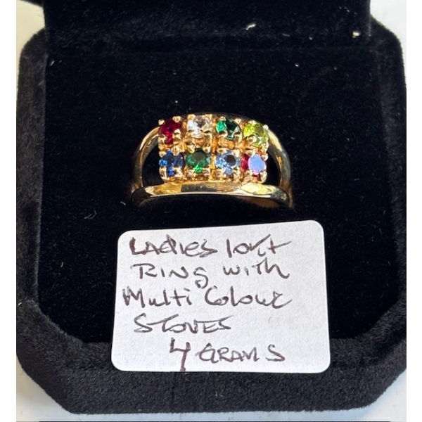 LADIES 10KT RING W/MULTI COLORED STONES, SZ 7