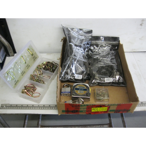 MISC. HOSE CLAMPS, NUT DRIVERS, TAPE MEASURE, LOCKS, ETC.