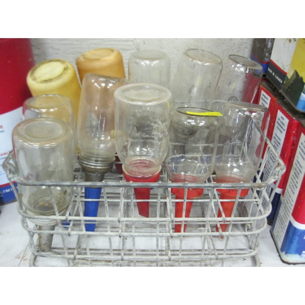 9 GLASS & 2 PLASTIC OIL BOTTLES