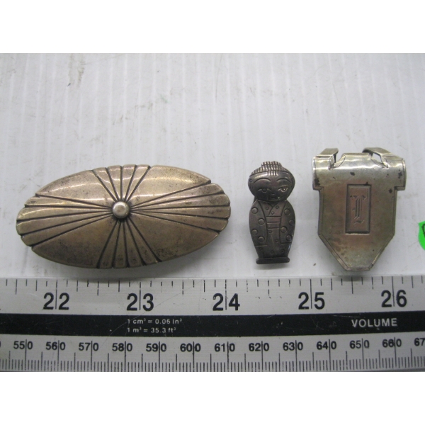 3 SILVER PIECES - PIN, BELT BUCKLE & CLIP