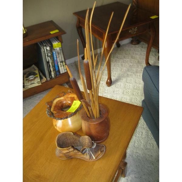 2 WOOD VASES & WOODEN SHOE