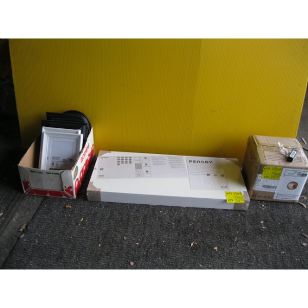 IKEA SHELF, BATHROOM VANITY LIGHT & SM. PICTURE FRAMES