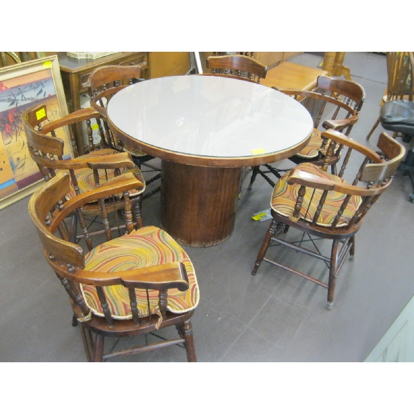 ROUND GLASS TOP TABLE W/6 PUB STYLE WOOD ARMCHAIRS