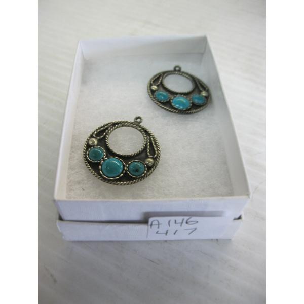PAIR OF STERLING SILVER SIGNED EARRINGS W/TURQUOISE STONES, NO HOOKS