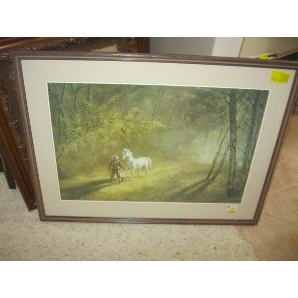 FRAMED PRINT COWBOY & HORSE SCENE