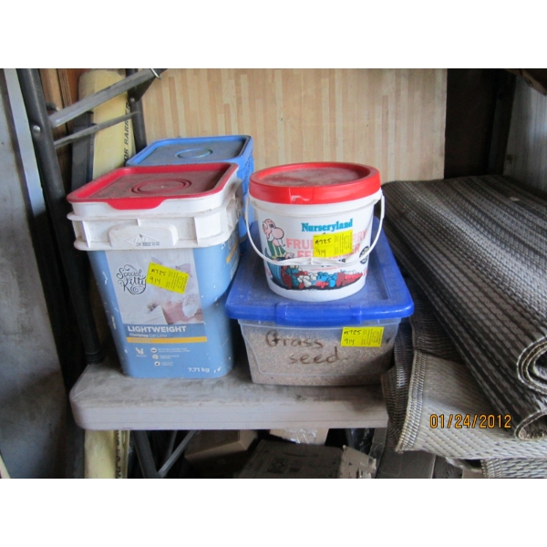 4 BINS OF SEED & FERTILIZER, ETC.