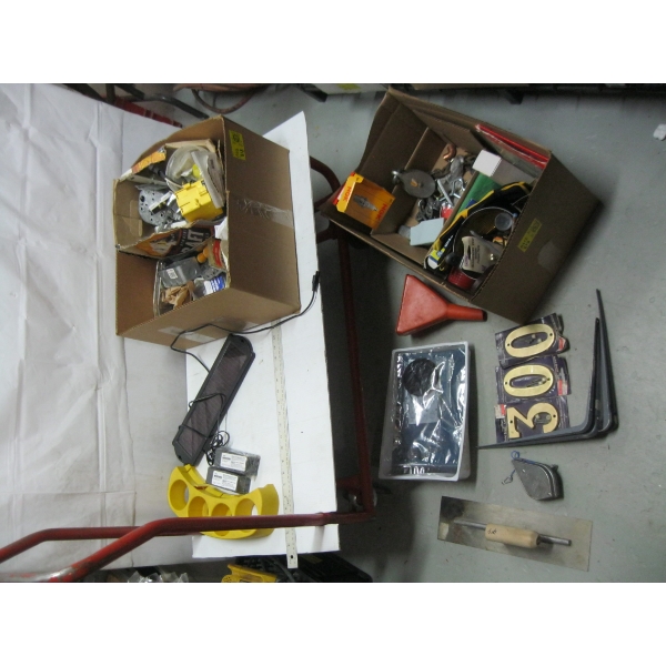 2 BOXES OF MISC. ELECTRICAL, SOLAR PANEL, TROWELS, DRILL BITS, ETC.