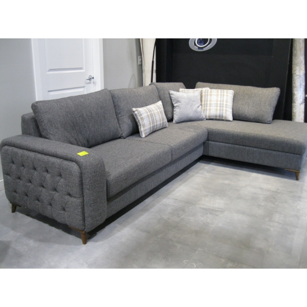 GREY SOFA W/CHAISE EXTENSION & PILLOWS