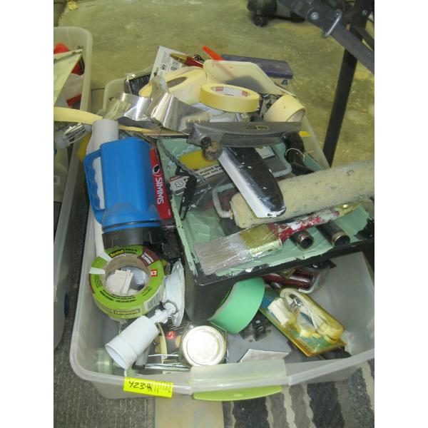 2 BINS OF MISC. PAINTING ACCESSORIES, TAPE GUNS, ETC.