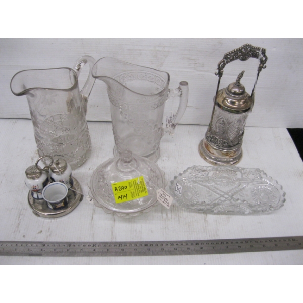 VINTAGE GLASSWARE & A SILVER PLATE PICKLE JAR