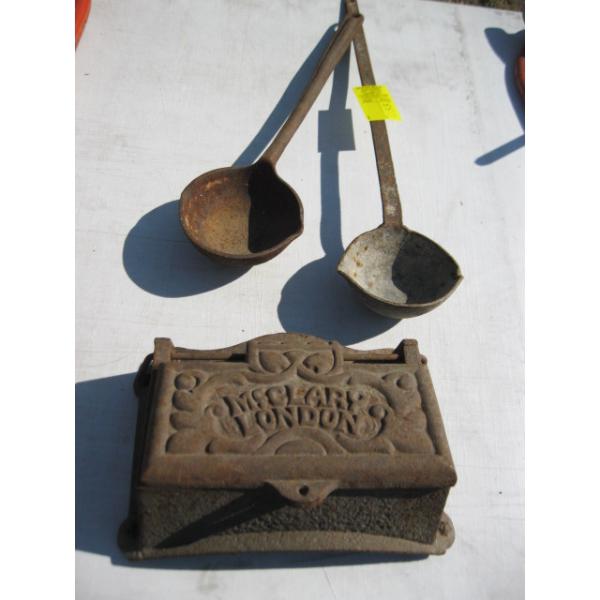 2 CAST LADLES & A MCCLARY STOVE DOOR