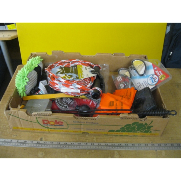 MISC. NEW WATER SKI ROPE, ANTIFREEZE TESTER, MIRRORS, ETC.