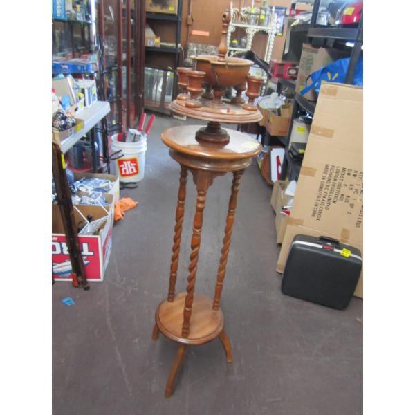 BARLEY TWIST STAND & BROKEN BOWL W/WOODEN CUPS & METAL SPOONS