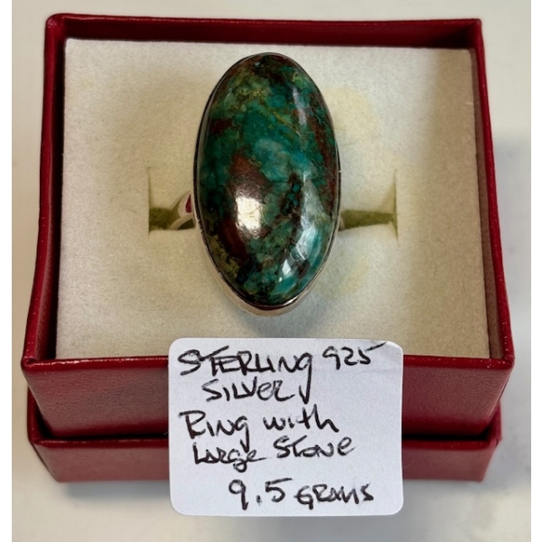 STERLING .925 SILVER RING W/LG. STONE, 9.5G, SZ 9