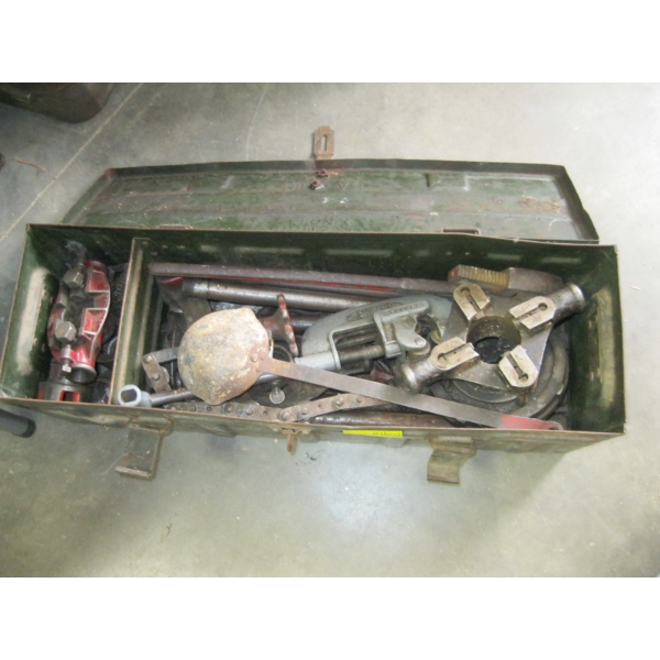 SHELL BOX W/ASST. PLUMBING TOOLS: PIPE CUTTERS, THREADERS, PIPE WRENCH, ETC.