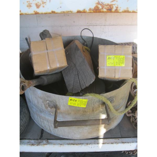 LG. STEEL POT W/WHEEL CHALKS, ETC.