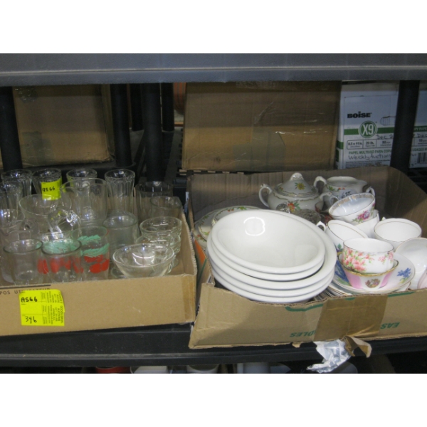 ASST. CHINA, CUPS & SAUCERS, ARMOR LIGHT, BOWLS, WEDGEWOOD CHINA, GLASSWARE, ETC.