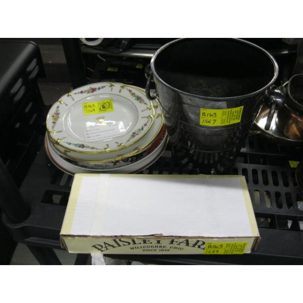 SILVER WINE COOLER, BOX OF MISC. BONE HANDLED CUTLERY, COLLECTOR PLATES