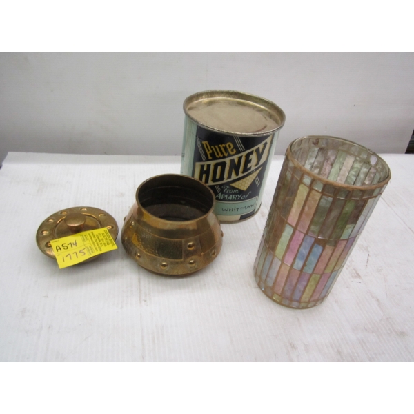 BRASS LIDDED DISH, HONEY TIN & CANDLE HOLDER