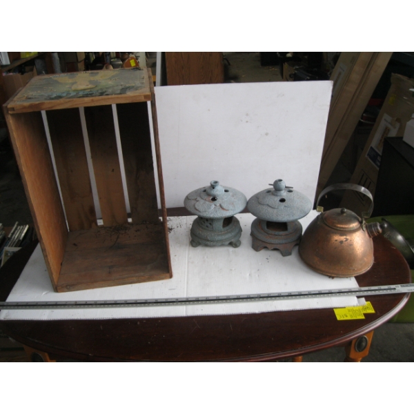 WOODEN CRATE W/2 CANDLEHOLDERS & A COPPER KETTLE