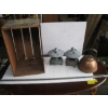 Image 1 : WOODEN CRATE W/2 CANDLEHOLDERS & A COPPER KETTLE