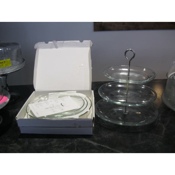 3 TIER SERVING TRAY & 3 NEW GLASS TRAYS