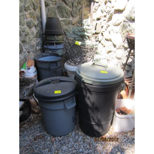 MISC. PLANTERS, GARBAGE CANS, RAILWAY ANVIL, ONION CART, ETC.